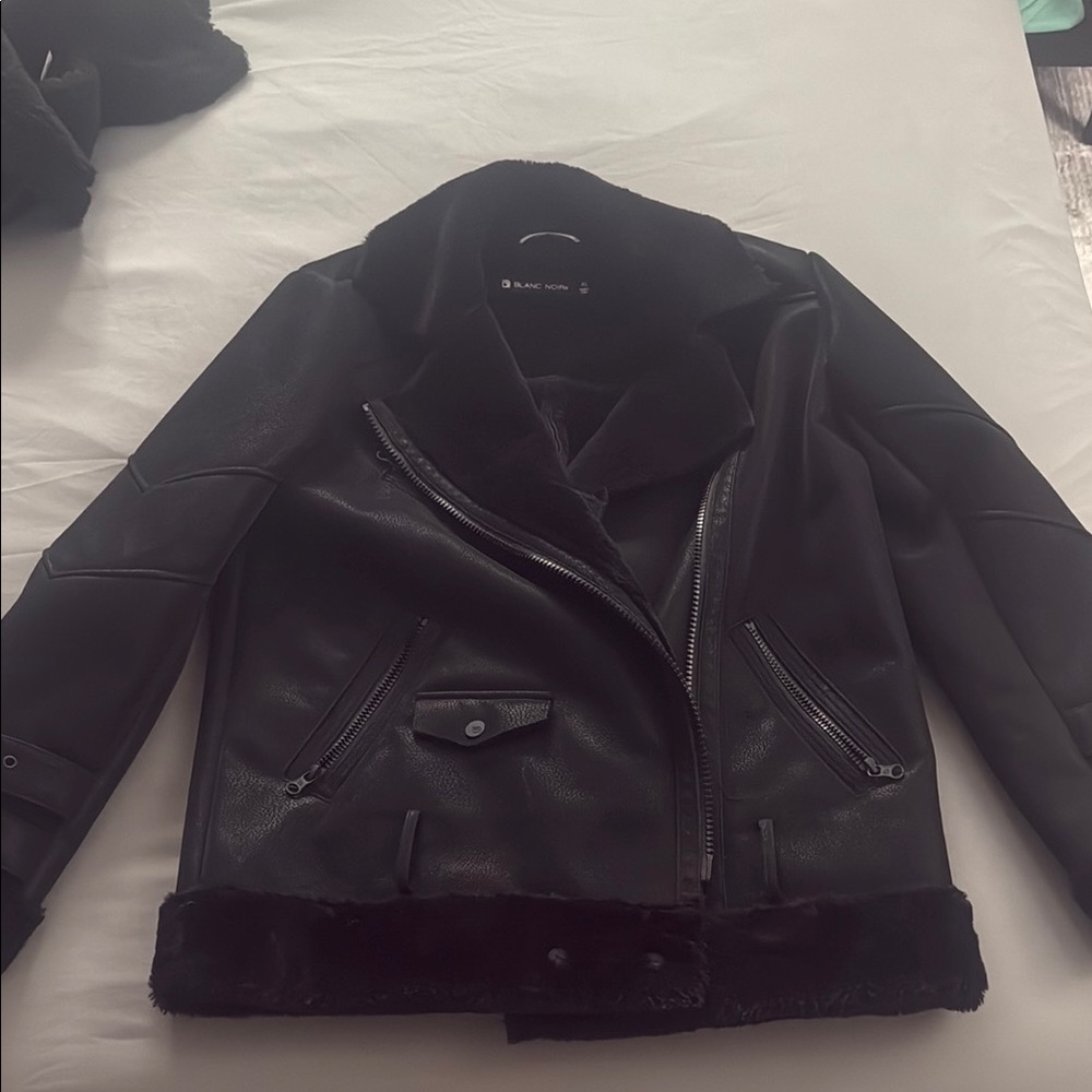 Blanc Noir Black Leather Moto Jacket Asymmetrical Zipper